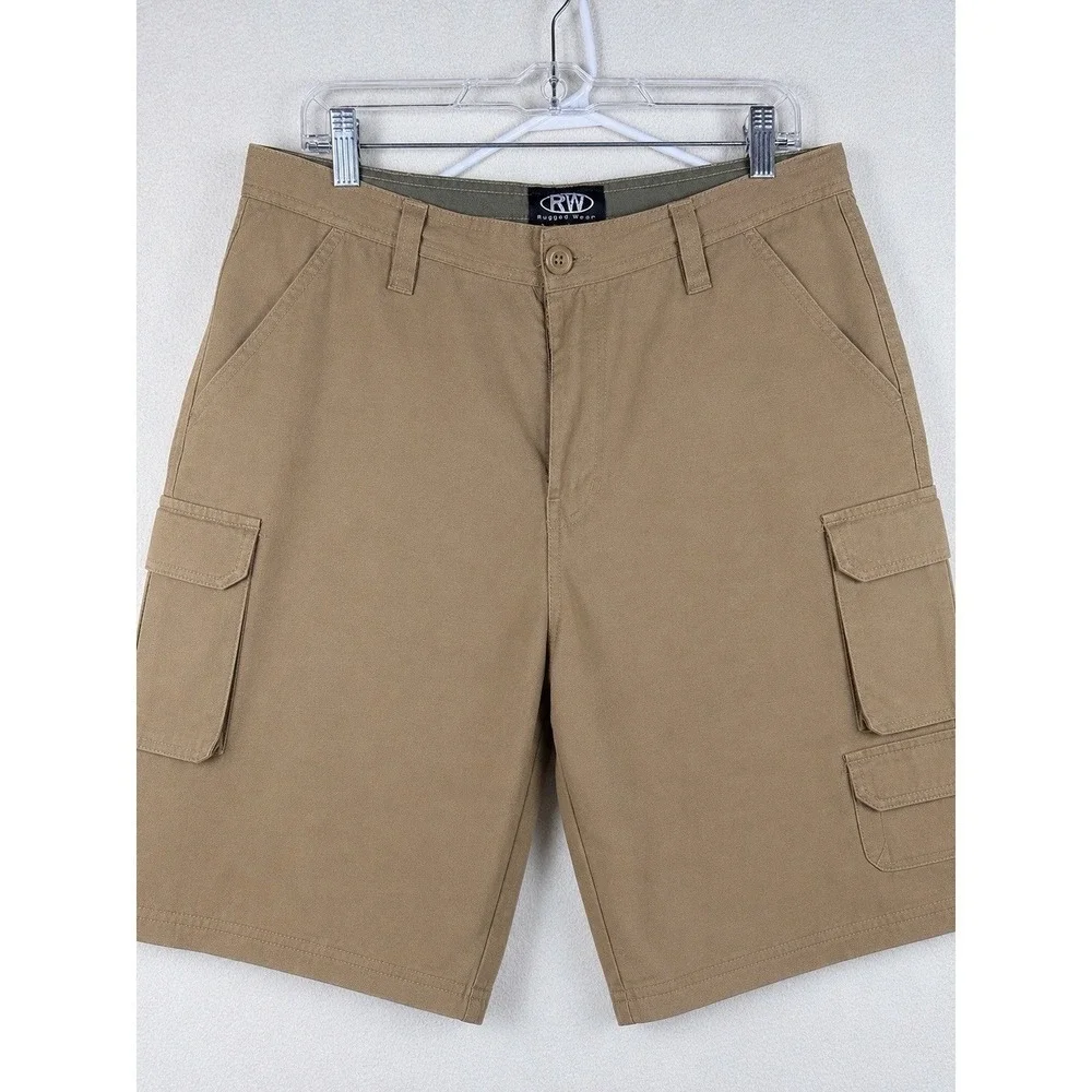 Rugged Wear Mens Khaki Cotton Cargo Shorts Size 34 Tan Utility Hiking 16000MEN